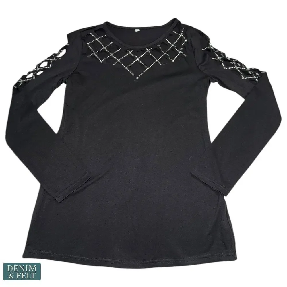 NEW Black Lattice Cutout Long Sleeve Top Edgy Chic Stretchy Crisscross Small - Picture 7 of 13
